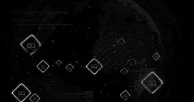 Tüm dünyada 6G metin ve dijital veri işleme animasyonu. Dijital olarak oluşturulmuş küresel bağlantılar, hesaplama ve veri işleme kavramı.