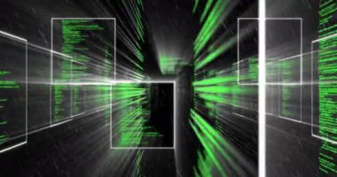 Siyah arkaplanda veri işleme animasyonu. İş, teknoloji ve dijital arayüz kavramı dijital olarak oluşturuldu.