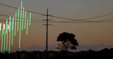 Enerji hatları ve günbatımı manzarası üzerine finansal veri haritası. Finans, analitik, elektrik, enerji, teknoloji, grafik