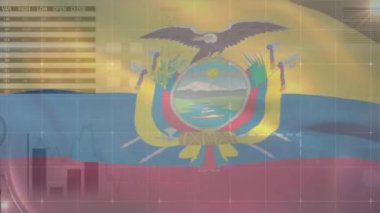 Ekvador bayrağı üzerinde finansal veri işleme animasyonu. Küresel iş, finans, bilgisayar ve dijital arayüz kavramı dijital olarak oluşturulmuş video.