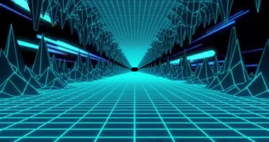 Mavi şekilli dijital tünelin animasyonu. Teknoloji, metaevren ve dijital arayüz konsepti dijital olarak oluşturulmuş video.