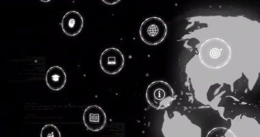 Siyah zemin üzerinde dijital simgelerin ve veri işlemenin animasyonu. Dijital olarak oluşturulmuş küresel bağlantılar, hesaplama ve veri işleme kavramı.