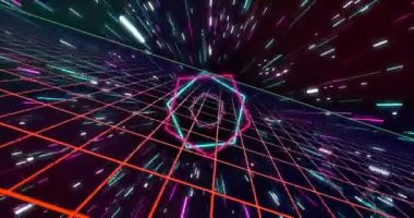 Işık izlerinin üzerindeki neon desenlerin animasyonu. Küresel renk, ışık, dijital arayüz, iletişim, hesaplama ve veri işleme kavramı dijital olarak oluşturulmuş video.