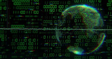 Karanlık arkaplan üzerinde ikili kodlama ve veri işleme olan dünya görüntüsü. Küresel yapay zeka, bağlantılar, hesaplama ve veri işleme kavramı dijital olarak oluşturuldu.