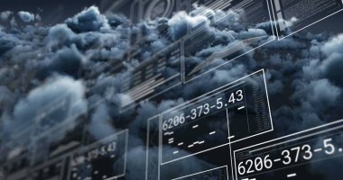 Bulutların üzerinde işlenen veri görüntüsü. Küresel iş ve dijital arayüz kavramı dijital olarak oluşturulmuş görüntü.