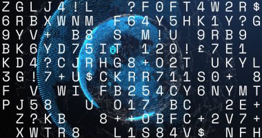 Mavi arkaplana karşı dönen küre üzerinde rakamları ve alfabeyi değiştirme görüntüsü. Küresel ağ ve iş teknolojisi kavramı