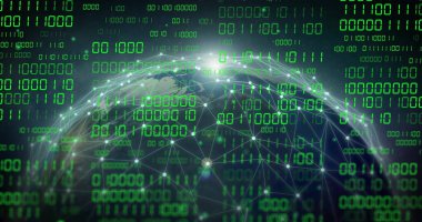 Karanlık arkaplan üzerinde ikili kodlama ve veri işleme olan dünya görüntüsü. Küresel yapay zeka, bağlantılar, hesaplama ve veri işleme kavramı dijital olarak oluşturuldu.