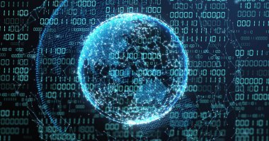 Karanlık arkaplan üzerinde ikili kodlama ve veri işleme olan dünya görüntüsü. Küresel yapay zeka, bağlantılar, hesaplama ve veri işleme kavramı dijital olarak oluşturuldu.