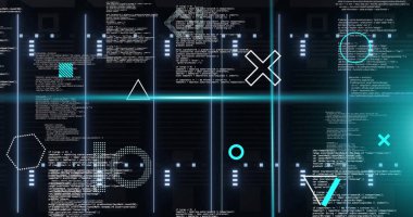 Siyah zemin üzerinde dönen şekillerin ve mavi tarayıcı ışınlarının görüntüsü. Bağlantı, veri, işleme, dijital arayüz ve iletişim, dijital olarak oluşturulmuş resim.