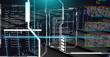 Koyu bilgisayar sunucu odasında işlenen mavi tarayıcı ışınları ve metin veri dosyalarının resmi. Bağlantı, veri, işleme, iş, dijital arayüz ve iletişim, dijital olarak oluşturulmuş görüntü.