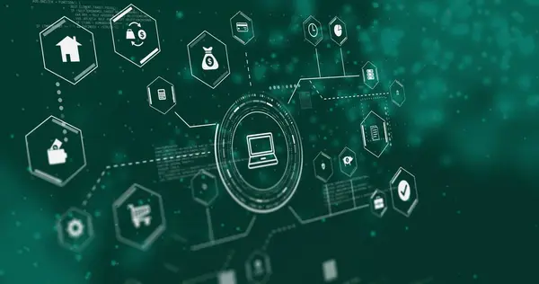 stock image Image of network of connections with icons and data processing over spots on black background. Finances, computing, connections and digital interface concept digitally generated image.