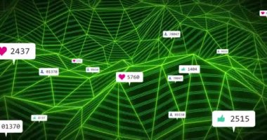 Yeşil ağ üzerindeki sayı ve simgelerle bağlantı ağının animasyonu. Dijital olarak oluşturulmuş küresel bağlantılar, hesaplama ve veri işleme kavramı.