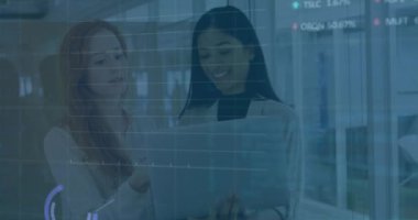 Muhtelif meslektaşların ofiste iş görüşmesi üzerine finansal veri işleme animasyonu. Küresel iş, finans, bilgisayar ve dijital arayüz kavramı dijital olarak oluşturulmuş video.