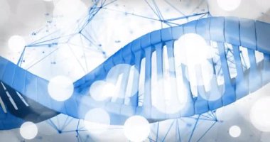 Hareket eden şekiller ve veri işleme üzerindeki DNA ipliklerinin animasyonu. Bilim, teknoloji ve dijital arayüz kavramı dijital olarak oluşturulmuş video.