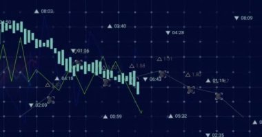 Finansal veri işleme animasyonu ve karanlık arka plan istatistikleri. Küresel finans, iş, bağlantılar, hesaplama ve veri işleme kavramı dijital olarak oluşturulmuş video.