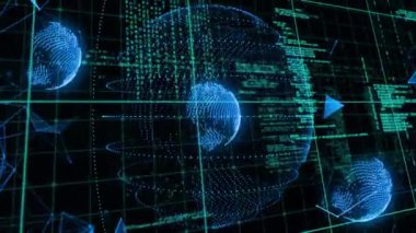 Veri işleme üzerinde kürelerin ve şekillerin animasyonu. İş, teknoloji ve dijital arayüz kavramı dijital olarak oluşturuldu.