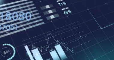 Siyah arka planda istatistik ve veri işleme animasyonu. Küresel finans, iş, bağlantılar, hesaplama ve veri işleme kavramı dijital olarak oluşturulmuş video.