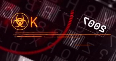 Siyah arkaplandaki acil durum metni üzerinden biyolojik tehlike simgesi ve veri işleme animasyonu. Küresel siber güvenlik, bağlantılar, hesaplama ve veri işleme kavramı dijital olarak oluşturuldu.