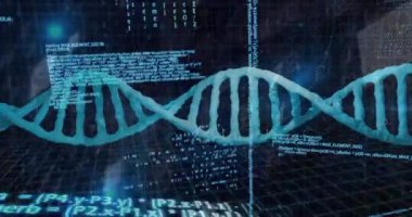 DNA dizisi ve ikili kodlama, bilimsel veri işleme animasyonu. Bilim, teknoloji, genetik, biyoteknoloji, veri analizi, biyoenformatik konsept
