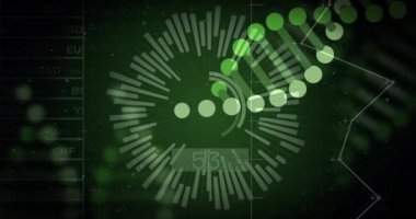 Finansal veriler ve para birimi sembolleri üzerinde yeşil dairesel veri canlandırması. finans, bilgi, analitik, teknoloji, hisse senetleri, ekonomi