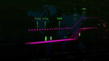 Karanlık arka planda finansal veri işleme animasyonu. Küresel finans, iş, bağlantılar, hesaplama ve veri işleme kavramı dijital olarak oluşturulmuş video.