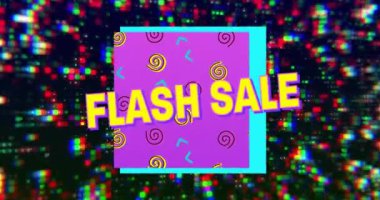 Renkli şekiller ve siyah arkaplanda ışık lekeleri üzerine flash satış metninin animasyonu. İletişim, şekiller, ışık, arkaplan ve dijital arayüz kavramı dijital olarak oluşturuldu.