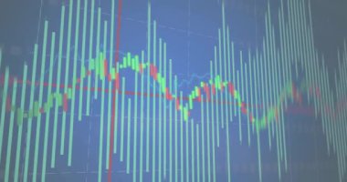 Animation of financial data processing on blue background. Global finances, computing and digital interface concept digitally generated video.