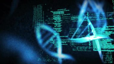 DNA iplikçiklerinin üzerinde veri işleme animasyonu. Bilim, teknoloji ve dijital arayüz kavramı dijital olarak oluşturulmuş video.