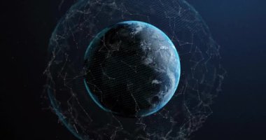 Dünya üzerindeki bağlantı ağının animasyonu. Dijital olarak oluşturulmuş küresel bağlantılar, hesaplama ve veri işleme kavramı.