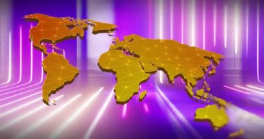 Dünya haritası üzerindeki bağlantı ağının animasyonu. Dijital olarak oluşturulmuş küresel bağlantılar, hesaplama ve veri işleme kavramı.