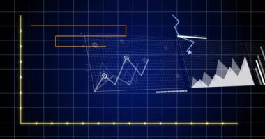 Grafikler ve grafikler dünya haritası ile şebeke arkaplanı üzerinde animasyon. Veri, analitik, istatistik, küresel, bilgi, iş