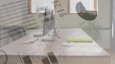 Boş ofis üzerinden finansal veri işleme animasyonu. Küresel iş, finans, bilgisayar ve dijital arayüz kavramı dijital olarak oluşturulmuş video.
