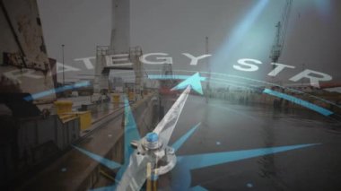 Tersanede strateji teknikli pusula animasyonu. Küresel finans, iş, bağlantılar, hesaplama ve veri işleme kavramı dijital olarak oluşturulmuş video.