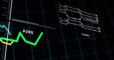 Karanlık arka planda finansal veri işleme sistemi animasyonu. Küresel finans, iş, bağlantılar, hesaplama ve veri işleme kavramı dijital olarak oluşturulmuş video.