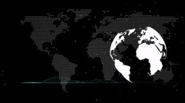 Kara arkaplan üzerinde veri işleme ve diyagramı olan dünya ve dünya haritasının animasyonu. Bilim, teknoloji ve dijital arayüz kavramı dijital olarak oluşturulmuş video.