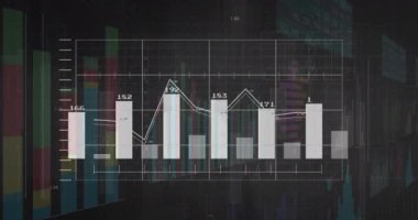 Karanlık arka planda istatistik ve dijital veri işleme animasyonu. Dijital olarak oluşturulmuş küresel bağlantılar, hesaplama ve veri işleme kavramı.