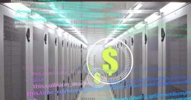 Dolar işareti animasyonu, bilgisayar sunucularında dijital veri işleme. Dijital olarak oluşturulmuş küresel bağlantılar, hesaplama ve veri işleme kavramı.