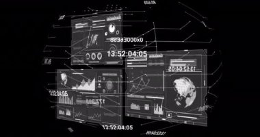 Veri işlemenin animasyonu ve dünya haritası siyah arka planda. İş, sosyal medya ve dijital arayüz kavramı dijital olarak oluşturulmuş video.