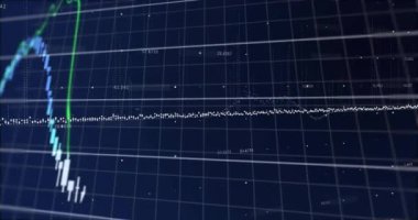 Karanlık arka planda finansal veri işleme sisteminin animasyonu. Küresel finans, iş, bağlantılar, hesaplama ve veri işleme kavramı dijital olarak oluşturulmuş video.