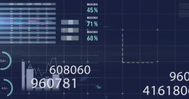 Siyah arka planda istatistik ve veri işleme animasyonu. Küresel finans, iş, bağlantılar, hesaplama ve veri işleme kavramı dijital olarak oluşturulmuş video.