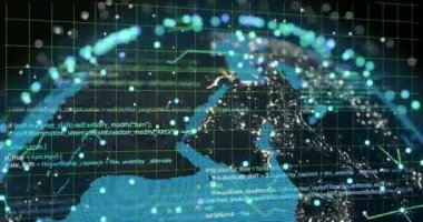 Tüm dünyada dijital veri işleme animasyonu. Dijital olarak oluşturulmuş küresel bağlantılar, hesaplama ve veri işleme kavramı.