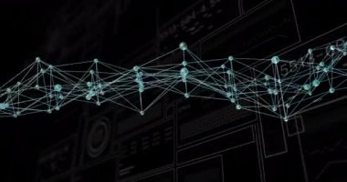 Siyah zemin üzerindeki DNA ipliği üzerinde istatistik ve dijital veri işleme animasyonu. Dijital olarak oluşturulmuş küresel bağlantılar, hesaplama ve veri işleme kavramı.