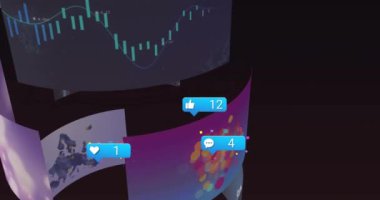 Çeşitli dijital içeriği gösteren eğri ekranlar üzerinden sosyal medya bildirimleri. Teknoloji, iletişim, akıllı aygıtlar, internet, multimedya, grafikler