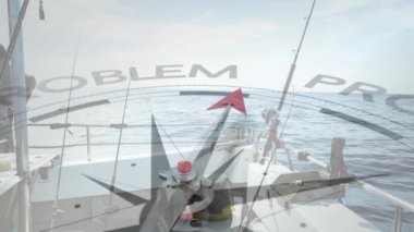 Pusula, probLEM 'den SOLUTION animasyonuna kadar okyanustaki balıkçı teknesini gösteriyor. Yön, yön bulma, başarı, rehberlik, yolculuk, ilerleme