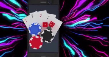 Neon şekiller üzerinde akıllı telefon üzerinde kart, zar ve çip animasyonları. Teknoloji, kumar ve dijital arayüz kavramı dijital olarak oluşturulmuş video.