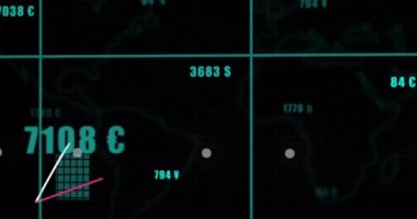 Karanlık arka planda istatistik ve dijital veri işleme animasyonu. Dijital olarak oluşturulmuş küresel bağlantılar, hesaplama ve veri işleme kavramı.