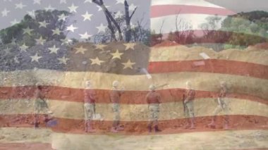 Çeşitli erkek askerler üzerinde ABD bayrağının canlandırılması. Askerlik, vatanseverlik ve ulusal bayraklar dijital olarak oluşturulmuş video konsepti.