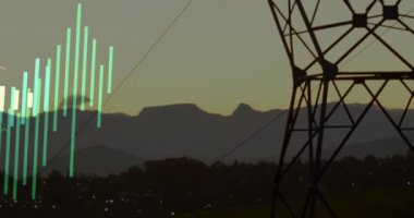 Güç aktarım kulesinin siluetinin üzerindeki finansal veri haritası. Enerji, finans, teknoloji, elektrik, analitik, yatırım