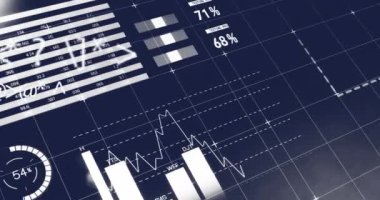 Siyah arka planda istatistik ve veri işleme animasyonu. Küresel finans, iş, bağlantılar, hesaplama ve veri işleme kavramı dijital olarak oluşturulmuş video.
