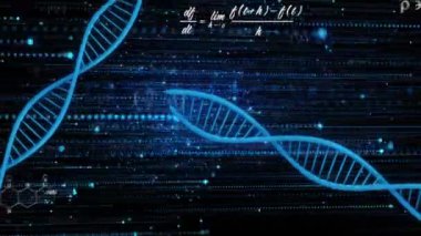 Siyah arkaplan üzerinde DNA iplikçikleri ve veri işleme animasyonu. Bilim, teknoloji ve dijital arayüz kavramı dijital olarak oluşturulmuş video.